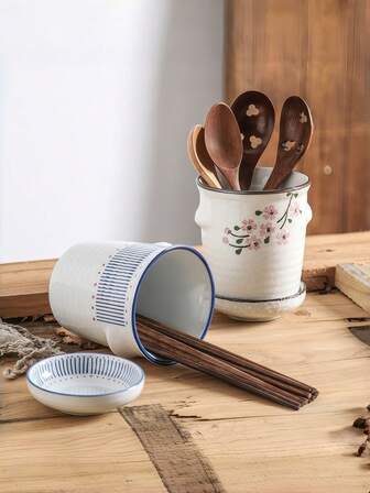 Soporte para palillos de estilo japonés, recipiente de almacenamiento de vajilla pintado a mano con esmalte de alta temperatura vintage, organizador de cesta de palillos escurridor