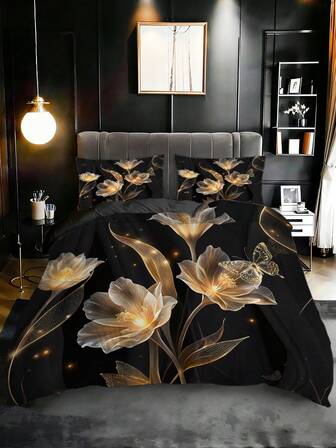 3 piezas Juego de Funda Nórdica de Diseño Floral Negro y Dorado de Lujo (1*Funda Nórdica + 2*Fundas de Almohada, Sin Relleno), Decoración de Dormitorio Elegante y Opulenta para Amantes de la Estética Floral y Relajante, Adecuado para Uso en el Hogar, Dormitorio y Habitación de Invitados