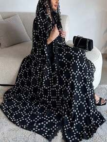 Hafizah 女士新款波点雪纺开衫长袍，配头巾，蕾丝拼接时尚长袍 - 黑色 - 查看 2