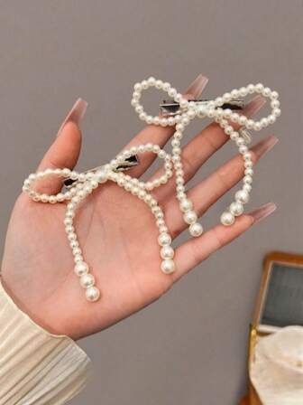 2 piezas Beige Grande 9.3cm/3.66in Clips de Pelo con Lazo de Perla, Elegante y Lindo, Estilo Minimalista Vintage de Palacio, Adecuado para Uso Casual, Formal, Viaje, Escuela, Fiesta, Vacaciones