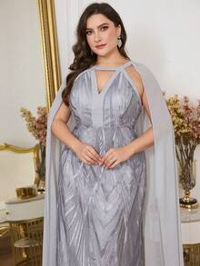 Plus Size V-Neck Flare Sleeve Long Evening Gown (Heavily Embellished) Wedding Party Spring - Grey - View 2