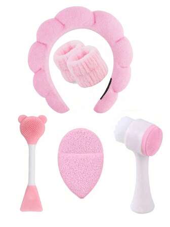 6-delat ansiktsvårdsset: Djuprengöring, spa-maskborsteset - Bärbart hudvårdsset med mjukt flanellhuvudband, silikonexfolierande borste, - Perfekt present till kvinnor