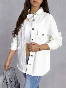 Women's Casual Ripped Distressed Pocket Denim Jacket, Spring/Autumn - White - View 4