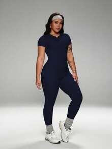 Comfortable All-Day Set, Includes Waist Cincher, Versatile Outfit, #Sports & Casual Essential #Comfortable & Stylish #Perfect Match, Loungewear Set, High-Waist Yoga Pants Set, Plus Size Activewear, Compression Leggings Set, Crew Neck T-Shirt And High-Waist Yoga Leggings (Plus Size), Stretchy Casual 2 Pieces Loungewear Summer - 藏蓝色 - 查看 3