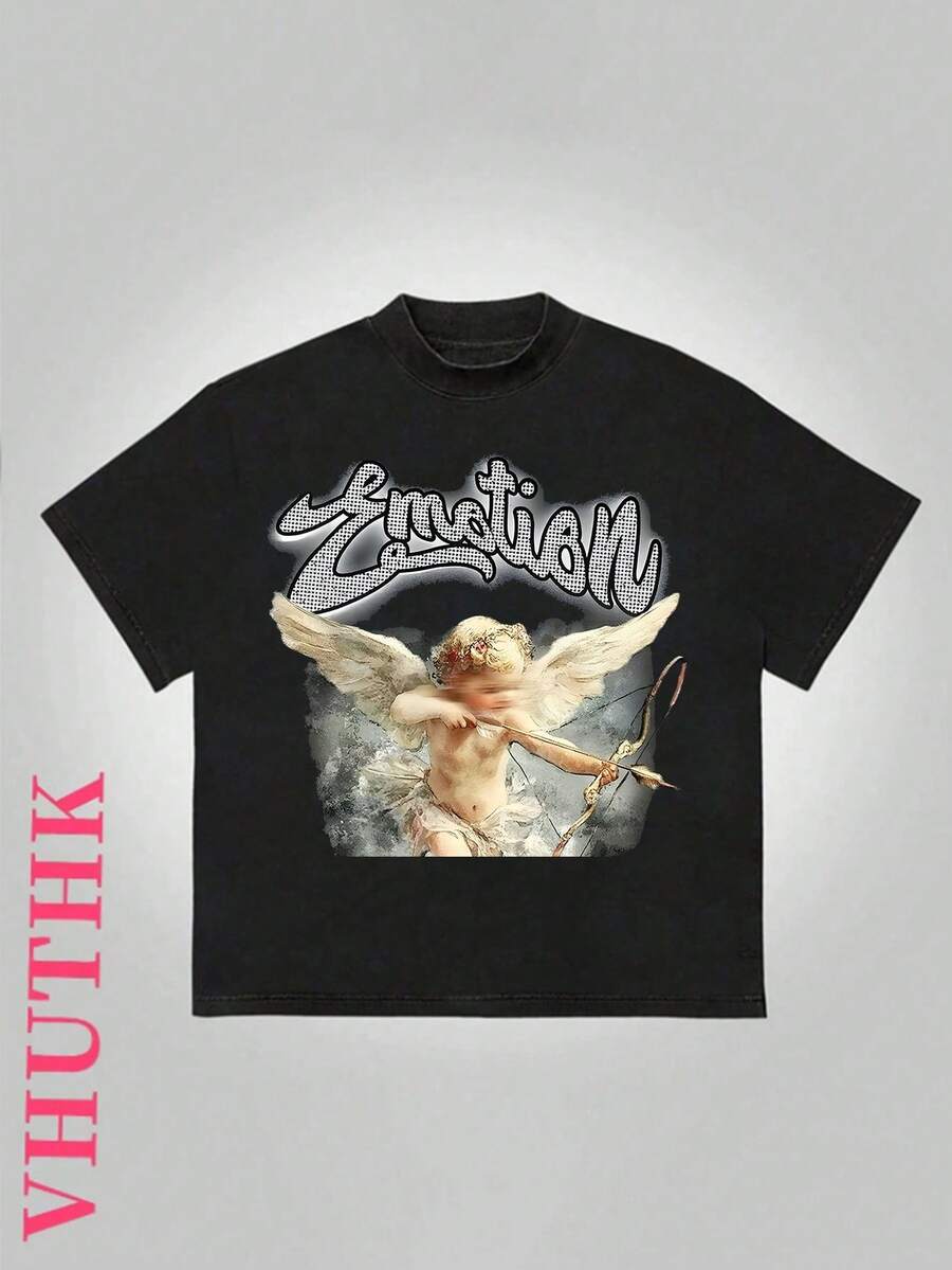 VHUTHK Double Sided Printing (220 Pure Cotton T-Shirt) 'nation' Letters And Angel Portrait Pattern Printing For Men's Summer Round Neck Short Sleeved Casual Pure Cotton Printing - 黑色 - 查看 1