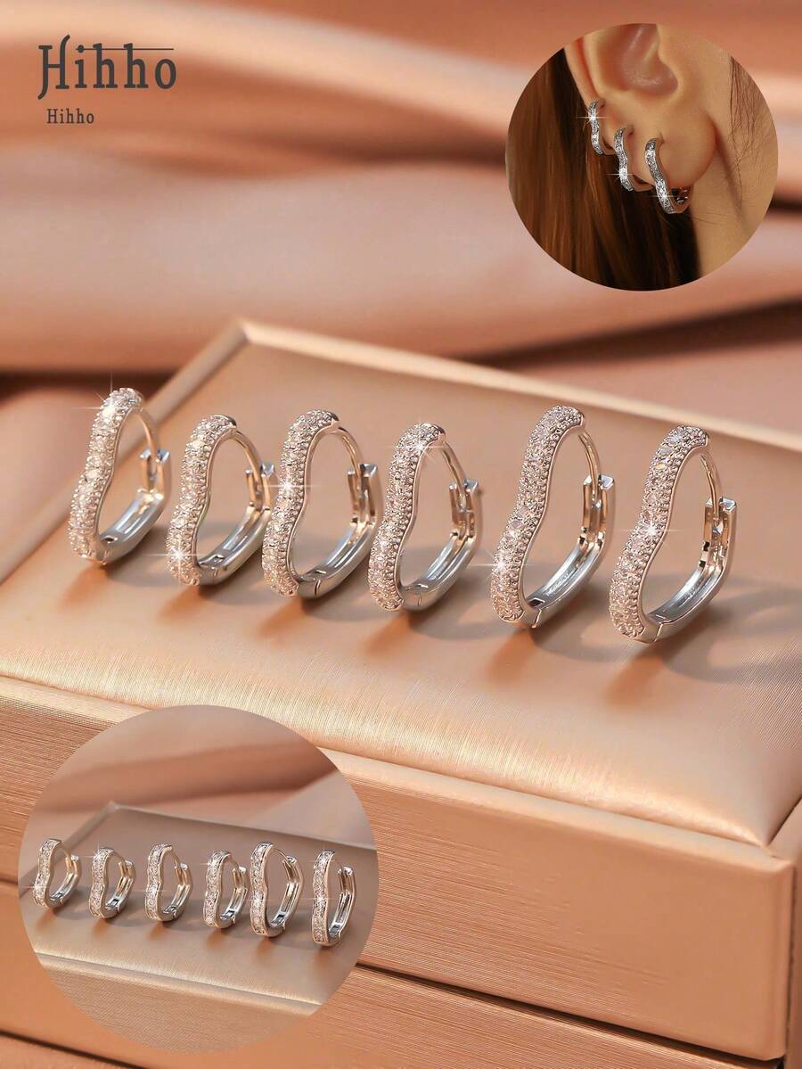 Hihho Bộ 6 khuyên tai đính đá Zirconia hình trái tim cho nữ, Quà tặng trang sức quyến rũ, Thích hợp để đeo nhiều lớp hoặc đeo một lần - Bạc - Xem 1