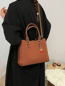 1个（10.2英寸*8.3英寸*4.7英寸）黑色时尚休闲多口袋商务通勤包，中号带吊坠包，休闲大容量女士手提包单肩包，多隔层通勤包，红色新娘手提包，单肩包 - 棕色 - 查看 4