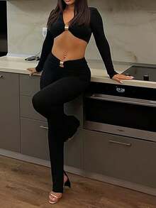 Party Ready 女士黑色长袖露脐上衣和裤子套装 - 黑色 - 查看 3