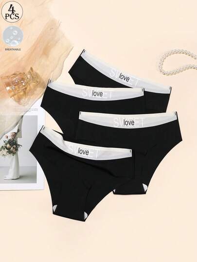 Aofeiqike 4 paquetes de bragas de mujer de talle medio, ropa interior con banda elástica con la leyenda "SWEET Love" en negro, pantis suaves y transpirables para uso diario