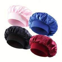 4pcs Soft Satin Knit Beanie Caps - Elastic Wide Band For Night Sleep, Hair Protection |   Lightweight, Breathable, One Size Fits All - 黑色+海軍藍+咖啡色+卡其色 - 查看 3