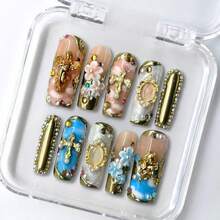 NailLuxe 10 PCS Handmade Square Press-On Nails | Pink-Blue Gem Palace Style With Acrylic Exquisite Details, Gem Frame & Pearl Embellishments & Luxe Styles - 金色 - 查看 9