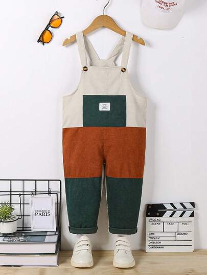 1pc Boys' Patchwork Color Block Soft Corduroy Bib Pants, Casual Versatile Suitable For Outings, Daily Wear, Holidays, Birthday Party Gifts