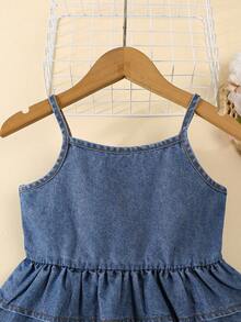 Bộ trang phục mùa hè cho bé gái - Áo denim nhún bèo không tay kết hợp với quần short denim giặt thường ngày viền ren, thích hợp cho du lịch mùa hè, đi biển hoặc mặc hàng ngày - Rửa trung bình - Xem 3
