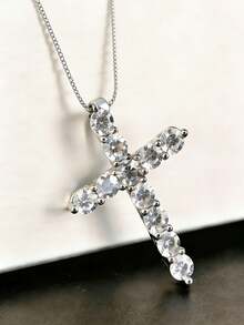 1pc Cross Zirconia Pendant Necklace Women Gold Plated Chain Necklace Jewelry Party Couple Anniversary Gift For Girlfriend Lover Friend