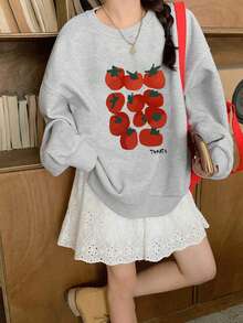 女式宽松休闲百搭字母水果印花圆领运动衫，秋冬