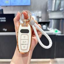 For Audi Key Fob Cover With Luxury Diamond Bling Braided Rope Keychain, Upgraded Soft Key Case For A3 A6-A8 E-Tron S3 RS6-7 SQ7-8 Key Fob Shell - White - View 1