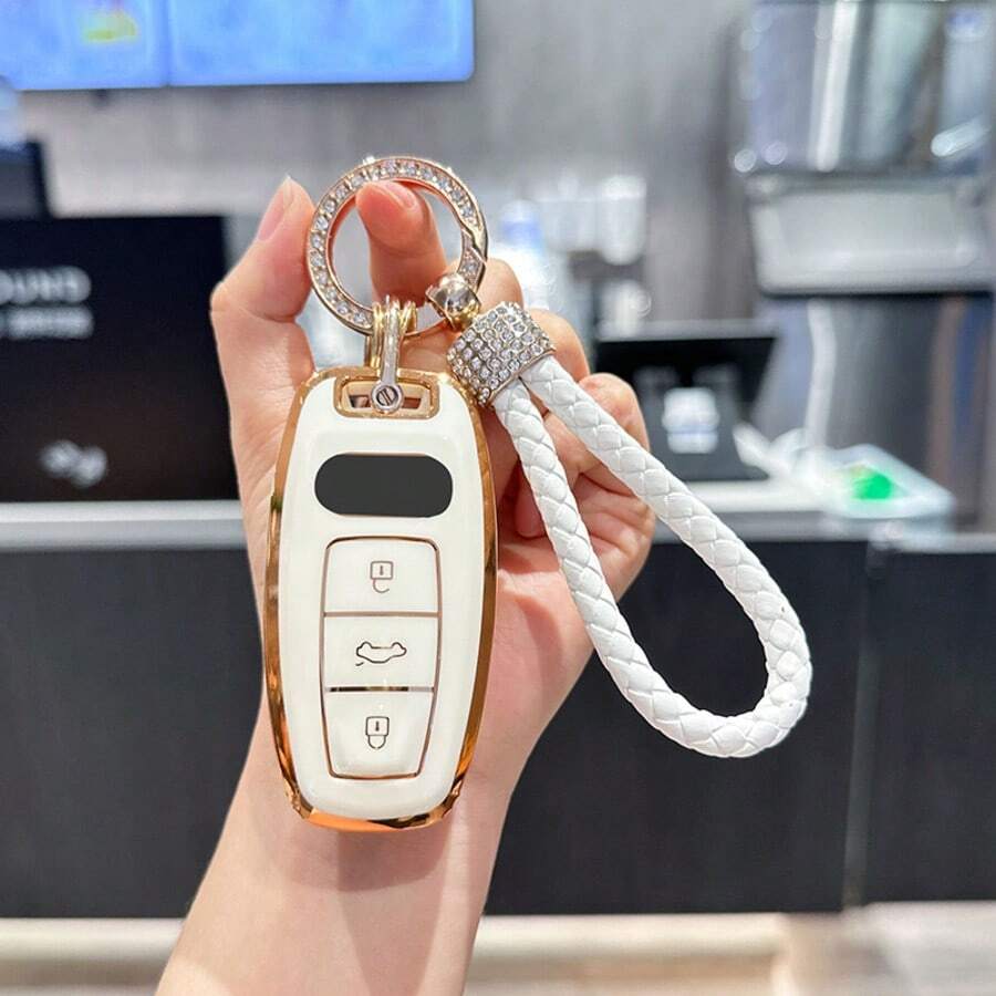 For Audi Key Fob Cover With Luxury Diamond Bling Braided Rope Keychain, Upgraded Soft Key Case For A3 A6-A8 E-Tron S3 RS6-7 SQ7-8 Key Fob Shell - White - View 1