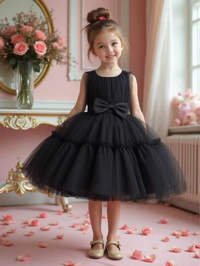 1件女童纯色蝴蝶结装饰薄纱泡泡裙连衣裙，配发带，可爱又优雅