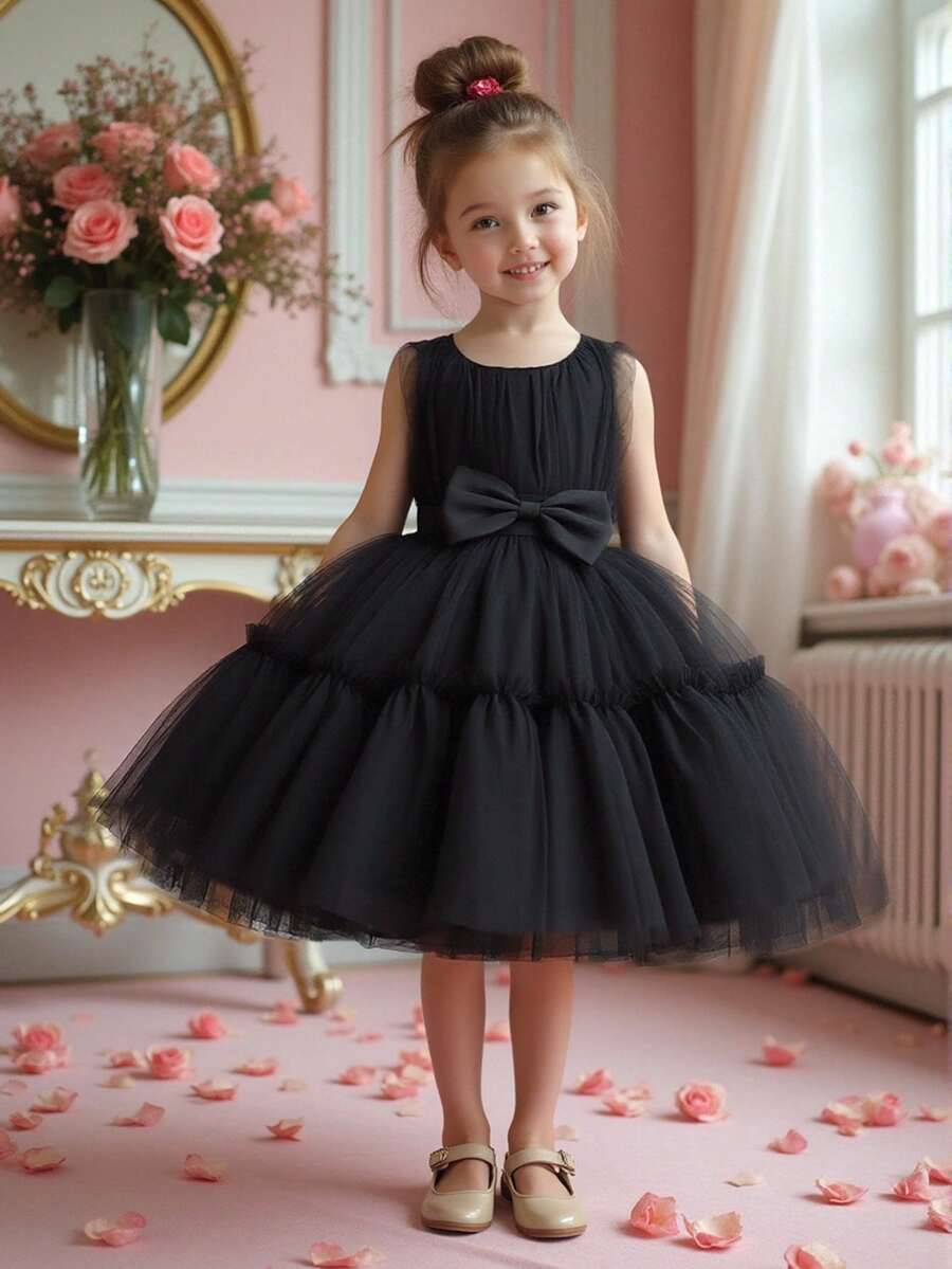 1件女童纯色蝴蝶结装饰薄纱泡泡裙连衣裙，配发带，可爱又优雅 - 黑色 - 查看 1