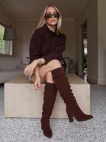 Knee High Boots Women Fall Chunky Block High Heel Slouch Fashion Boot Pointed Toe Side Zipper Tall Long - 巧克力棕 - 查看 2