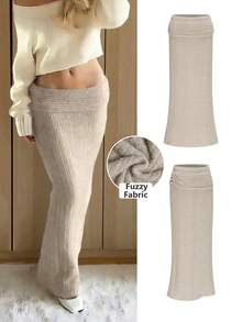 Elegant Party Dress & Casual Wear | Cream Fuzzy Knit Maxi Skirt | Low-Waist Design, Showcases Graceful Elegance | Perfect For Christmas Events And Beach Vacations | Must-Have For New Year, Suitable From Office To Evening - Khaki - View 2