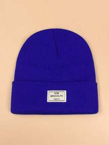 1pc Label Decor Beanie Hat Casual Winter Fall - Royal Blue - View 5