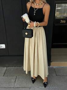 Women's Elegant Party Date Maxi Dress | Black Knit Patchwork Apricot A-Line High Waist | Waist Belt Included | Vacation & Business Casual | 2026 Spring Summer - Multicolor - View 10