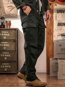 Men's Outdoor Multi-Pocket Cargo Pants, Solid Color Flat-Front Versatile Casual Pants, Suitable As A Gift For A Boyfriend Or Husband. - 黑色 - 查看 2