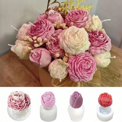 4pcs Floral Bouquet Silicone Candle Molds Set - Peony, Rose, Tulip & Rose Bud DIY Resin, Candle & Soap Molds, Suitable For Handmade Home Decor, Wedding Crafts & Holiday Gifts (Valentine's Day, Mother's Day, Birthday, Christmas, Easter)