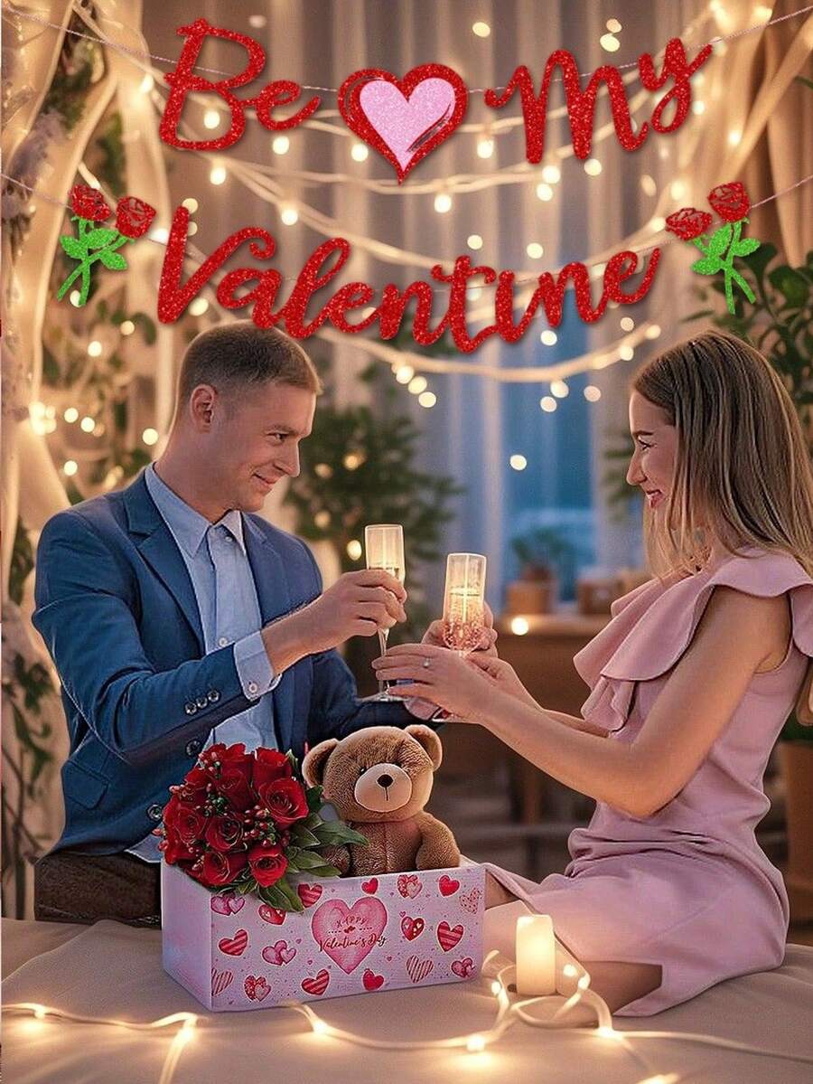 2pcs Heart-Shaped Rose Pull Flags, Valentine's Day Party Banner Hanging Decor, Glitter Rose Flower Decorations, Valentine's Day Atmosphere Decor, Event Party Decorations, Home Decor