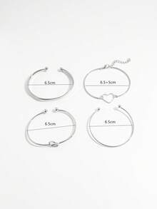 Set de 4 pulseras con nudo de corazón hueco, estilo INS, set de pulseras geométricas con corazón cruzado para mujeres - Plateado - Ver 5