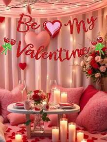 2pcs Heart-Shaped Rose Pull Flags, Valentine's Day Party Banner Hanging Decor, Glitter Rose Flower Decorations, Valentine's Day Atmosphere Decor, Event Party Decorations, Home Decor