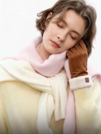 Touch Screen Gloves For Women In Winter, Thickened With Fleece, Cute And Warm For Playing With Mobile Phones. Five-Finger Cycling Split-Finger Gloves, Solid Color Casual, Made Of Polyester Fiber (Polyester)