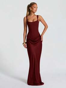 Elegant Sexy Spaghetti Strap Bodycon Party Dress, Ruched Decor Design, Fashionable Cocktail Formal Gown For Banquet, Ball, Cocktail Music Festival - Burgundy - View 6