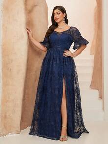 Vestido de noche elegante de talla grande con abertura, de malla bordada transparente - azul real - Ver 6