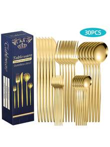 Bộ dao nĩa bằng thép không gỉ 15/20/30 món, Bộ dao nĩa mạ vàng sang trọng 15/20/30 món, Nĩa, thìa, thìa trà mạ vàng có thể tái sử dụng, thích hợp cho gia đình, nhà hàng, khách sạn, đám cưới, tiệc tùng và sử dụng hàng ngày, đóng gói hộp quà tặng, đồ dùng giáo dục. - - - Xem 10