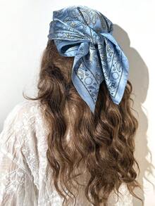1条女士蓝色佩斯利花纹丝巾，时尚头巾，多功能真丝围巾，腰带，音乐节围巾 - 藏蓝色 - 查看 5