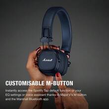 Tai nghe Bluetooth không dây Major V, sở hữu chất âm đặc trưng của Marshall, thời lượng pin 100 giờ, cấu trúc bền bỉ, thiết kế gập gọn, hỗ trợ sạc không dây, nhẹ và di động, phù hợp cho du lịch, tập thể dục, chơi game và nghe nhạc. - Màu xanh nửa đêm - Xem 5
