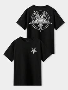 Basic Unisex Gothic Baphomet T-Shirt With Hidden Pentagram Print, Streetwear, Black, 100% Cotton - màu đen - Xem 1
