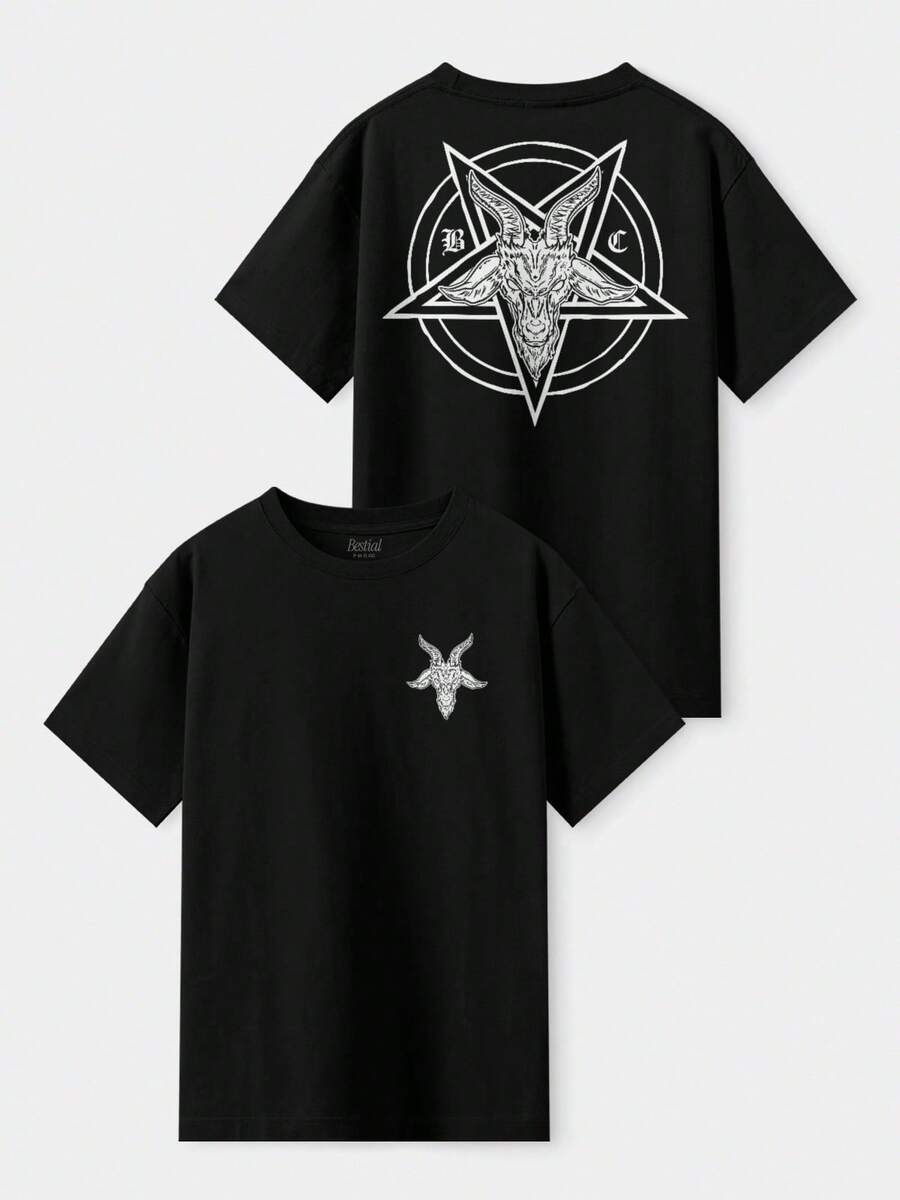 Basic Unisex Gothic Baphomet T-Shirt With Hidden Pentagram Print, Streetwear, Black, 100% Cotton - màu đen - Xem 1