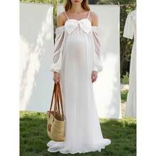 优雅纯色蝴蝶装饰露肩孕妇连衣裙，适合拍照