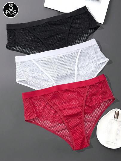 Set de 3 piezas de ropa interior de mujer: Ropa interior de unicolor con adorno de encaje