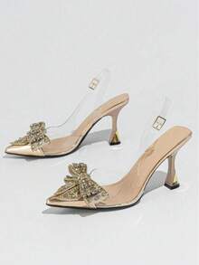 Women's Elegant Bow & Rhinestone Decor Pointed Toe High Heel Shoes, Suitable For Parties And Weddings, Spring, Gold, Encore Red, Formal - Gold - View 4
