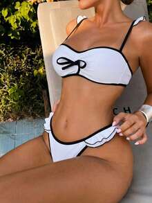 女士春夏新款性感时尚沙滩度假约会派对撞色包边褶皱胸前蝴蝶结细节黑白比基尼套装 - 黑與白 - 查看 3