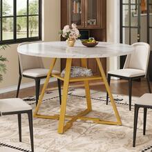 Round Dining Table (1 Piece), Kitchen Table, Breakfast Table, Black And White Marble-Effect Metal Legs - White - View 12