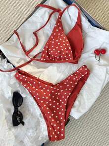 Bộ bikini nữ mới, kiểu dáng thường ngày, dễ thương, in hình trái tim màu đỏ, gồm áo và quần tam giác, thích hợp cho kỳ nghỉ biển. - Đỏ - Xem 8