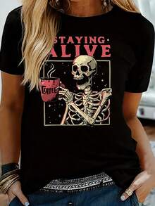 Staying Alive Women's Plus Size T-Shirt Shirt Casual 220g Funny Oversized Graphic Short Sleeve 1 Pcs Tee Novelty Crew Neck Top 100% Polyester - 黑色 - 查看 1