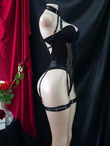 Women's Sexy Bodysuit, Valentine's Day Sexy Lingerie, Pajama Set, Valentine's Day Role-Playing Outfit, 1-Piece Slim-Fitting Strappy Black Sheer Bodysuit, Mesh Patchwork Hollow Out Backless Jumpsuit - 黑色 - 查看 4