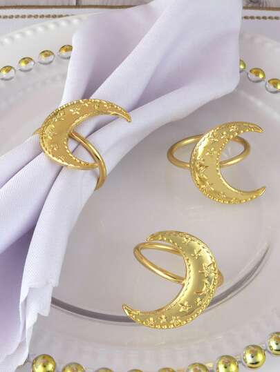 6pcs Gold Hollow Star & Moon Napkin Rings, Suitable For Holiday Party Table Decor, Banquet Napkin Holders