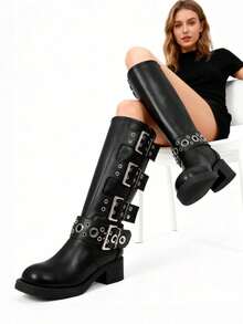 Vintage Metallic Buckles Knee High Boots For Woman Round Toe Wide Calf Riding Fashion Chunky Heel Pull On Y2K Motorcycle Boots - 黑色 - 查看 6